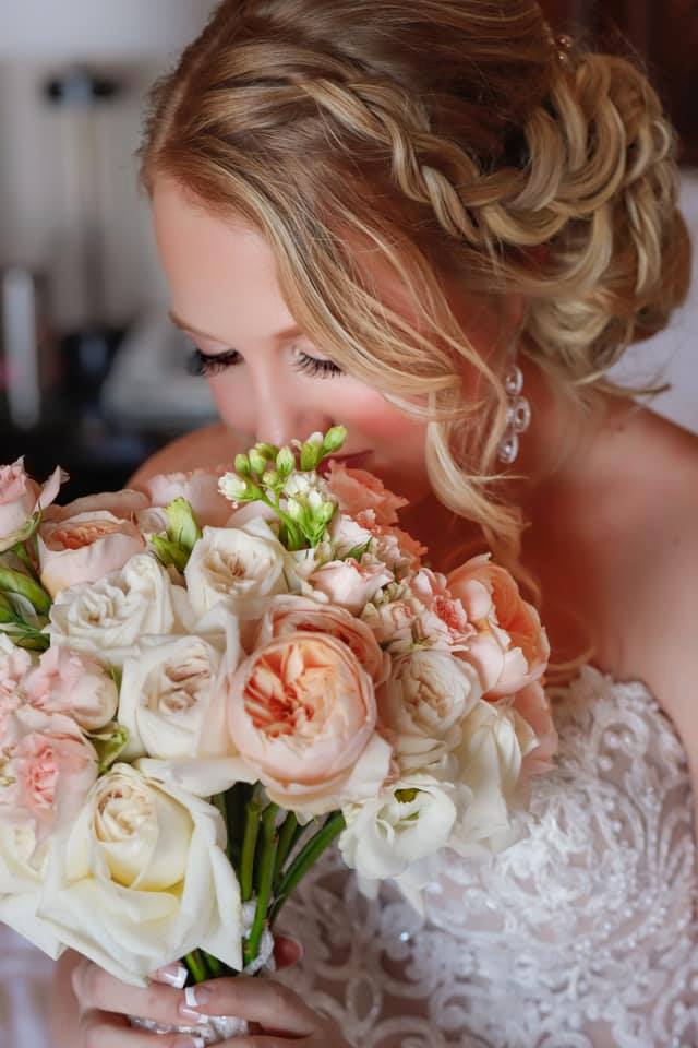 white and peach peony bridal bouquet